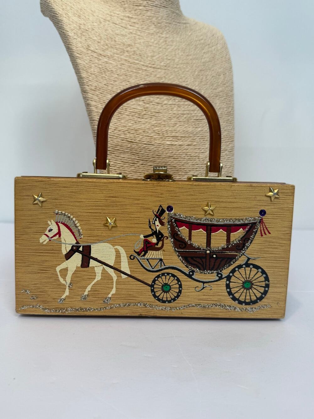 Gary Gail Dallas Horse Carriage Wood Box Purse 60s Jewels Glitter Lucite Handle